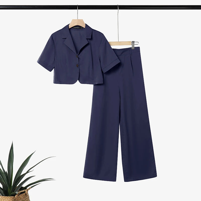 ZANZEA Women's Summer 2 Piece Pant Sets Wide Leg Pant & Lapel Collar Short Sleeve Crop Top 2pc Suits Casual Commute Work Outfits
