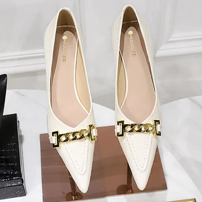 BIGTREE Shoes Metal Chain Decoration Women Pumps Patent Leather Kitten High Heels 4.5 Cm Ladies Shoes Sexy Women Heels Office