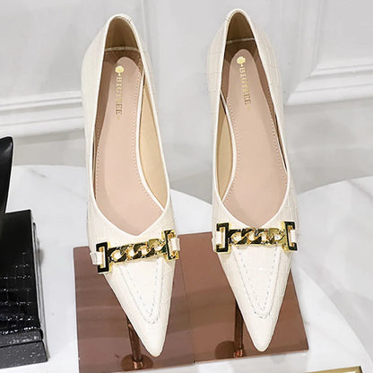 BIGTREE Shoes Metal Chain Decoration Women Pumps Patent Leather Kitten High Heels 4.5 Cm Ladies Shoes Sexy Women Heels Office