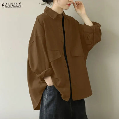 ZANZEA Oversiezd High-Low Shirts Woman Turn-Down Collar Long Sleeve Button Up Loose Chemises Femme Streetwear Tops Spring Summer