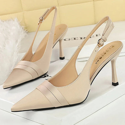 BIGTREE Shoes Women Pumps Silks Satins Stiletto Heels 9 Cm Hollow Out Hook Strap High Heeled Sandals Women Summer Shoes Buckle