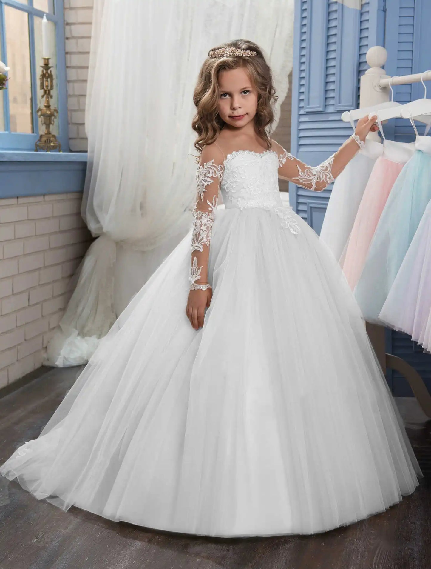 Lace Embroidery Transparent Long Sleeved Children's Flower Girl Wedding Party Graduation Ceremony Princess Floor Mopping Dress