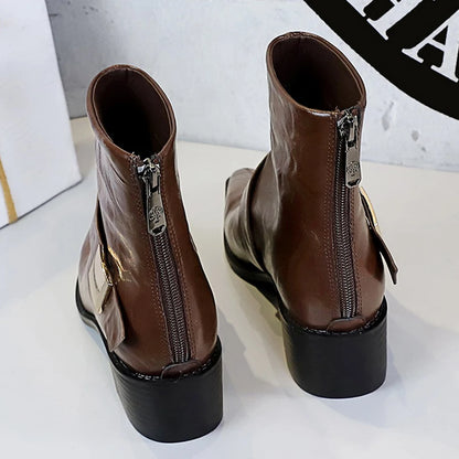 BIGTREE Retro Thick With Women Boots Metal Buckle Leather Boots Women Shoes Winter Short Boots Rear Zipper Lady Ankle Boots
