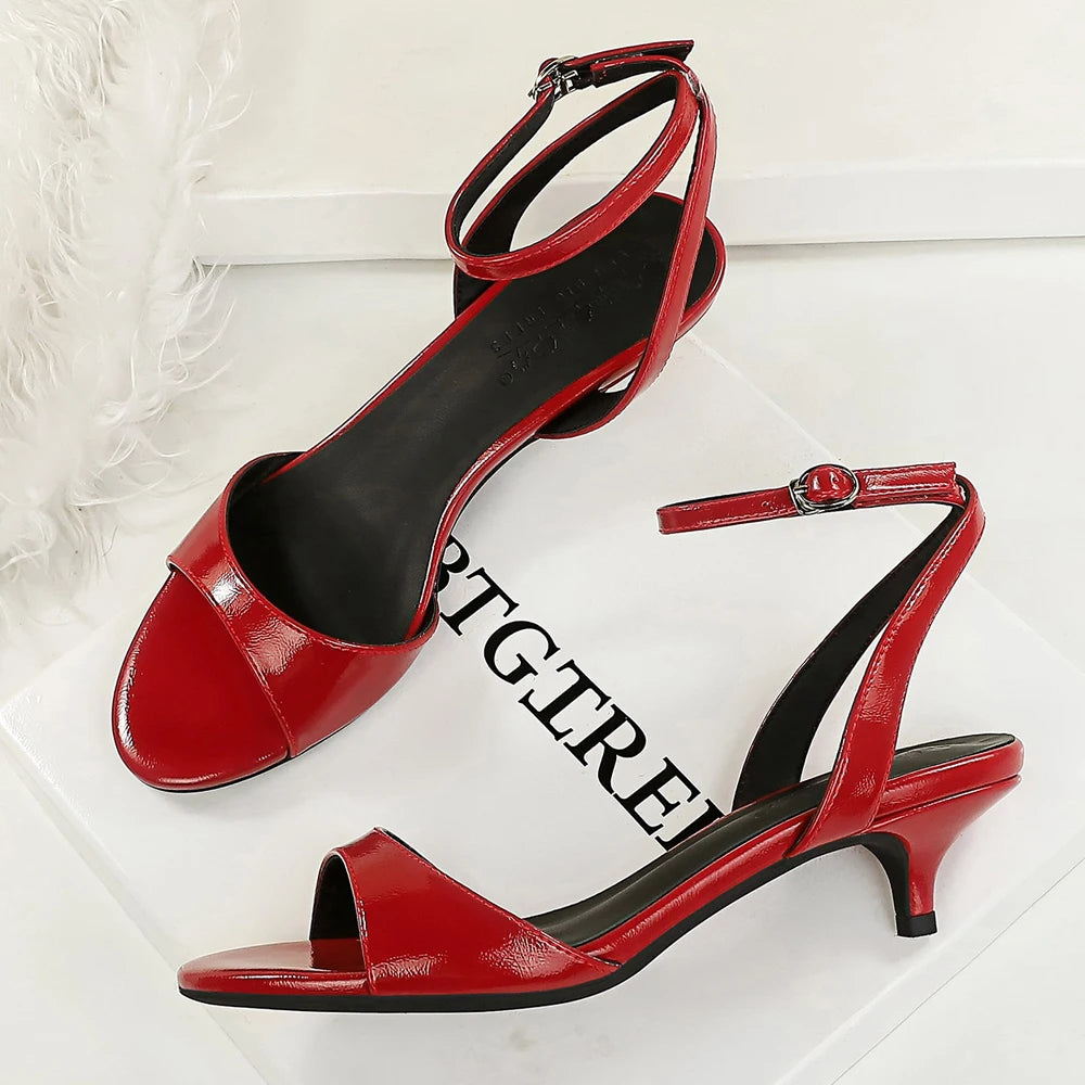 BIGTREE Shoes Open-toe Mid-heel Women Shoes Patent Leather Women Pumps Sexy Women Heels Stiletto 4 cm Buckle Summer Sandals