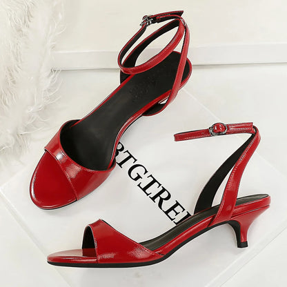 BIGTREE Shoes Open-toe Mid-heel Women Shoes Patent Leather Women Pumps Sexy Women Heels Stiletto 4 cm Buckle Summer Sandals