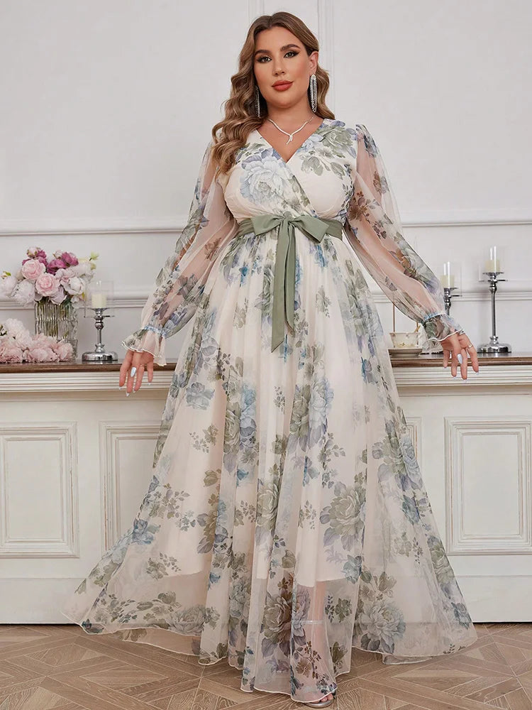 TOLEEN Plus Size Women's Floral Print V-Neck Spliced Mesh Dress 2024 New Summer Spring Casual Elegant Formal Party Maxi Dresses