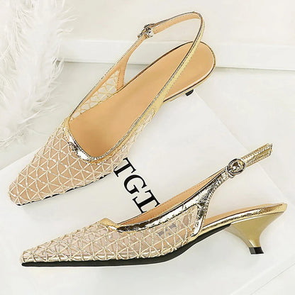 BIGTREE Shoes Mesh Breathable Women Pumps Fashion Kitten Heels 3 CM Hollow Out And Empty Back Strap Summer Sandals Women Shoes