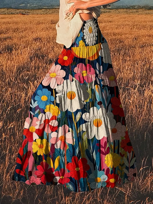 Women's Plus-Size Elegant Holiday Outfit in a Pastoral Style, Suitable for New Year Parties, Featuring a Cinched Waist Floral Print Layered Midi Skirt, Perfect for Spring, Summer, and Autumn, with a Vintage Floral Print Patte