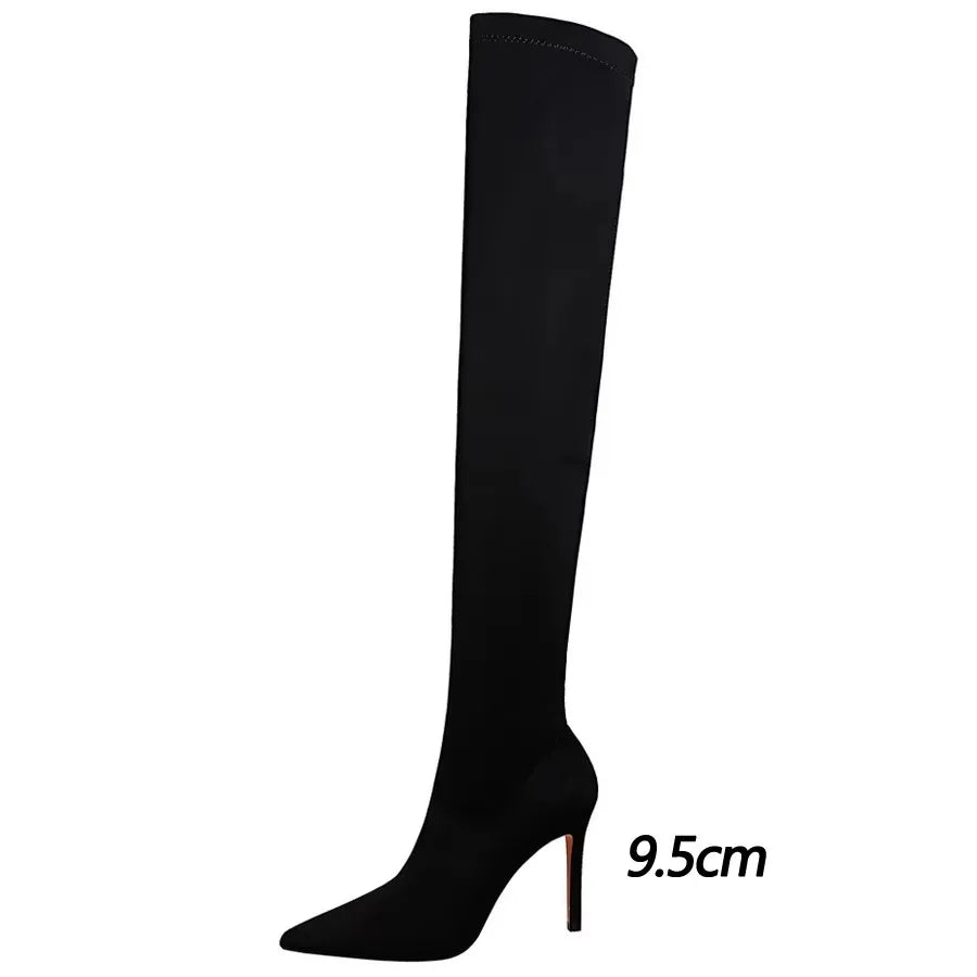 BIGTREE Shoes Women New Over-the-Knee Boots Pointed High-heeled Boots Satin Elastic Boots Sexy Loog Boots Autumn Winter Shoes