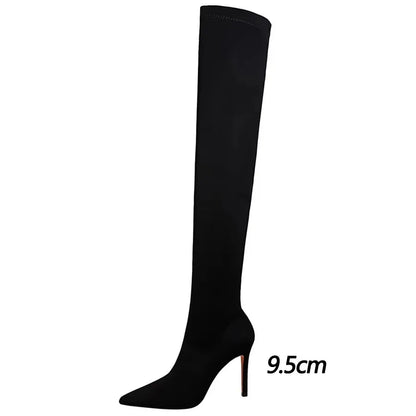 BIGTREE Shoes Women New Over-the-Knee Boots Pointed High-heeled Boots Satin Elastic Boots Sexy Loog Boots Autumn Winter Shoes