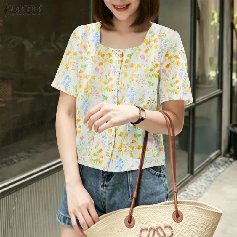 ZANZEA Women's Allover Floral Printing Shirts Elegant Square Neck Short Sleeve Button Up Blouses Summer Casual Day Chemise Femme
