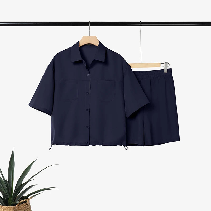 ZANZEA Women Minimalist 2-Piece Sets Casual Short Sleeve Shirts & Elastic Waist Shorts Matching Sets Summer Commute Work Co-ords