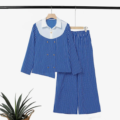 ZANZEA Women's Striped 2-Piece Sets Color-Blocked Long Sleeve Blouse & Wide Leg Pant Matching Sets Autumn Elegant Chic Co-ords