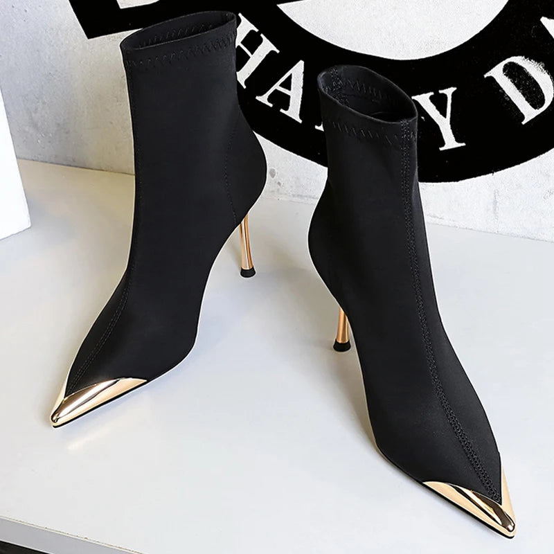 BIGTREE Shoes Metal Pointed Short Boots Women Fashion Elastic Boots Stiletto 8 cm High Heel Boots Ladies Shoes Banquet Shoes