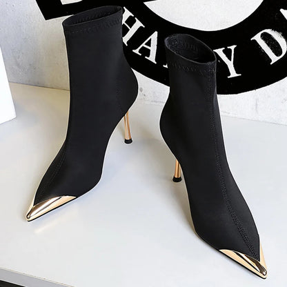 BIGTREE Shoes Metal Pointed Short Boots Women Fashion Elastic Boots Stiletto 8 cm High Heel Boots Ladies Shoes Banquet Shoes