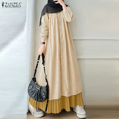 ZANZEA Modest Stripe Patchwork Muslim Abaya Dress Hijab Robe Femme Fashion Women Long Sleeve Pleated Sundress Casual Kaftan 2026