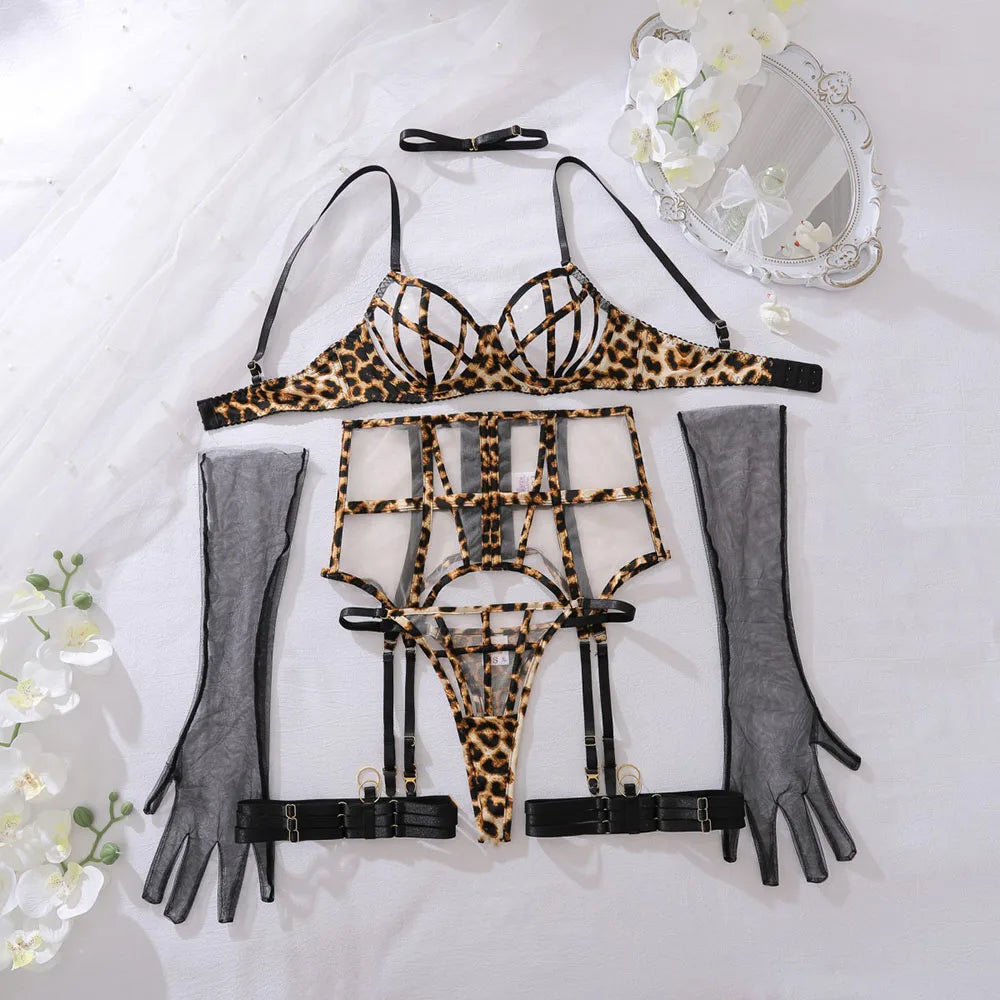 Sexy Lingerie Suit For Ladies Leopard See Through Mesh Pusp Up Bra and Panty with Garter Belts Gloves Choker Underwear