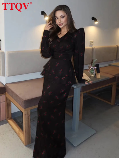 TTQV Fashion Loose Print Women's Dress 2026 Spring V-Neck Long Sleeve Maxi Dresses Elegant Classic High Waist Female Dress