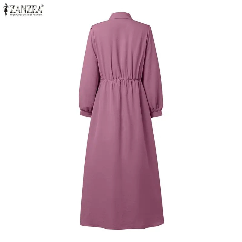 ZANZEA Fashion Muslim Abaya Dresses Ramadan Robe Women Elegant Long Sleeve Pleated Sundress Dubai Casual Kaftan Fake 2 Pieces