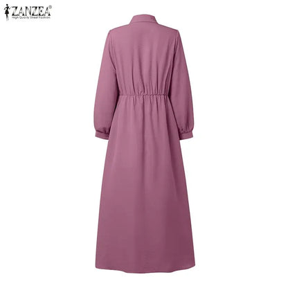 ZANZEA Fashion Muslim Abaya Dresses Ramadan Robe Women Elegant Long Sleeve Pleated Sundress Dubai Casual Kaftan Fake 2 Pieces