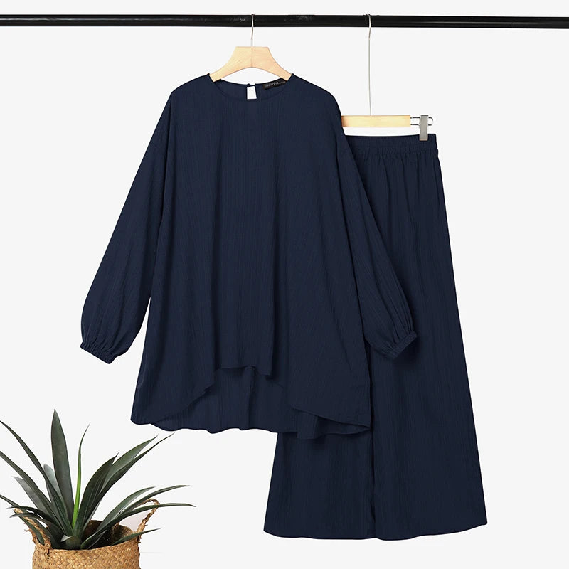 ZANZEA Muslim Women 2 Pieces Outfits Casual Full Sleeve Long Tops Wide Leg Pant Sets Abaya Suit Hijab Tracksuit Matching Sets