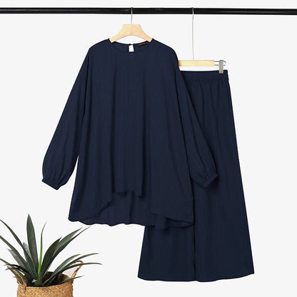 ZANZEA Muslim Women 2 Pieces Outfits Casual Full Sleeve Long Tops Wide Leg Pant Sets Abaya Suit Hijab Tracksuit Matching Sets