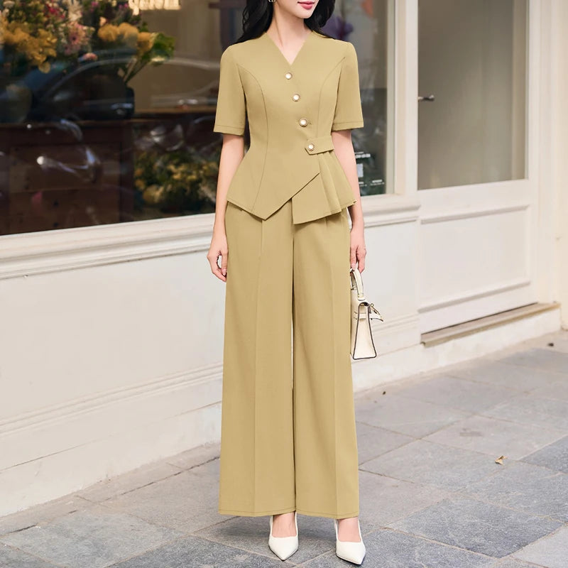 ZANZEA Summer 2 Pieces Sets Elegant V Neck Short Sleeve Blouse Pant Sets 2026 Stylish Women OL Work Outfit Solid Color Tracksuit