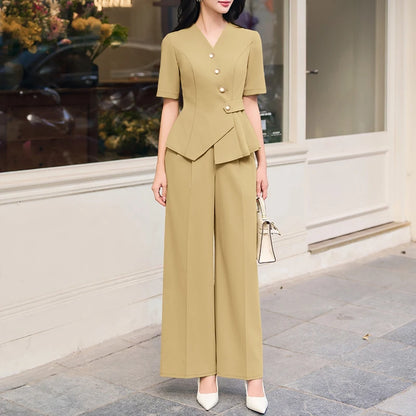 ZANZEA Summer 2 Pieces Sets Elegant V Neck Short Sleeve Blouse Pant Sets 2026 Stylish Women OL Work Outfit Solid Color Tracksuit