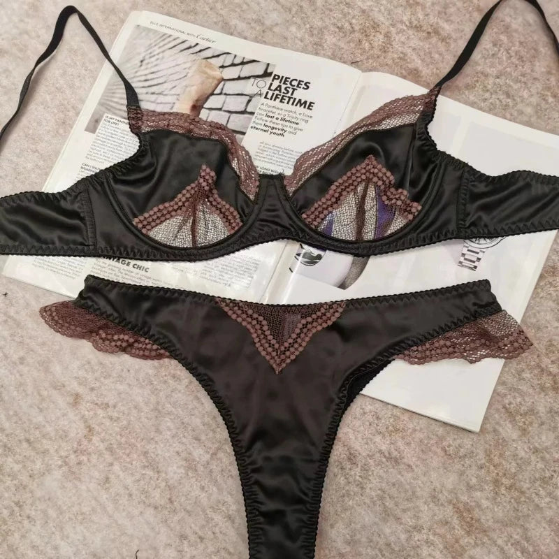 Fashion Women Lace Satin Unpadded Bra Set Soft Underwire Ultra Thin Slimming Anti-sagging Comfort Breathable Daily Underwear Set