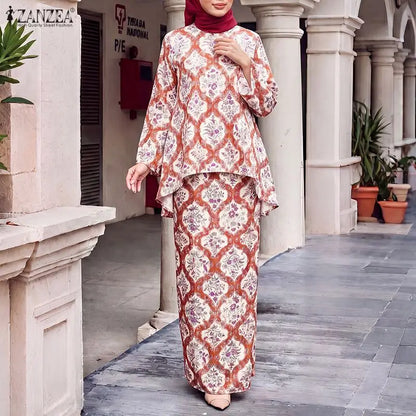 Fashion Women Muslim 2 Piece Sets ZANZEA Printed Outfits Bohemain Casual O Neck Long Sleeve Blouse Skirt Suit Hijab Tracksuit