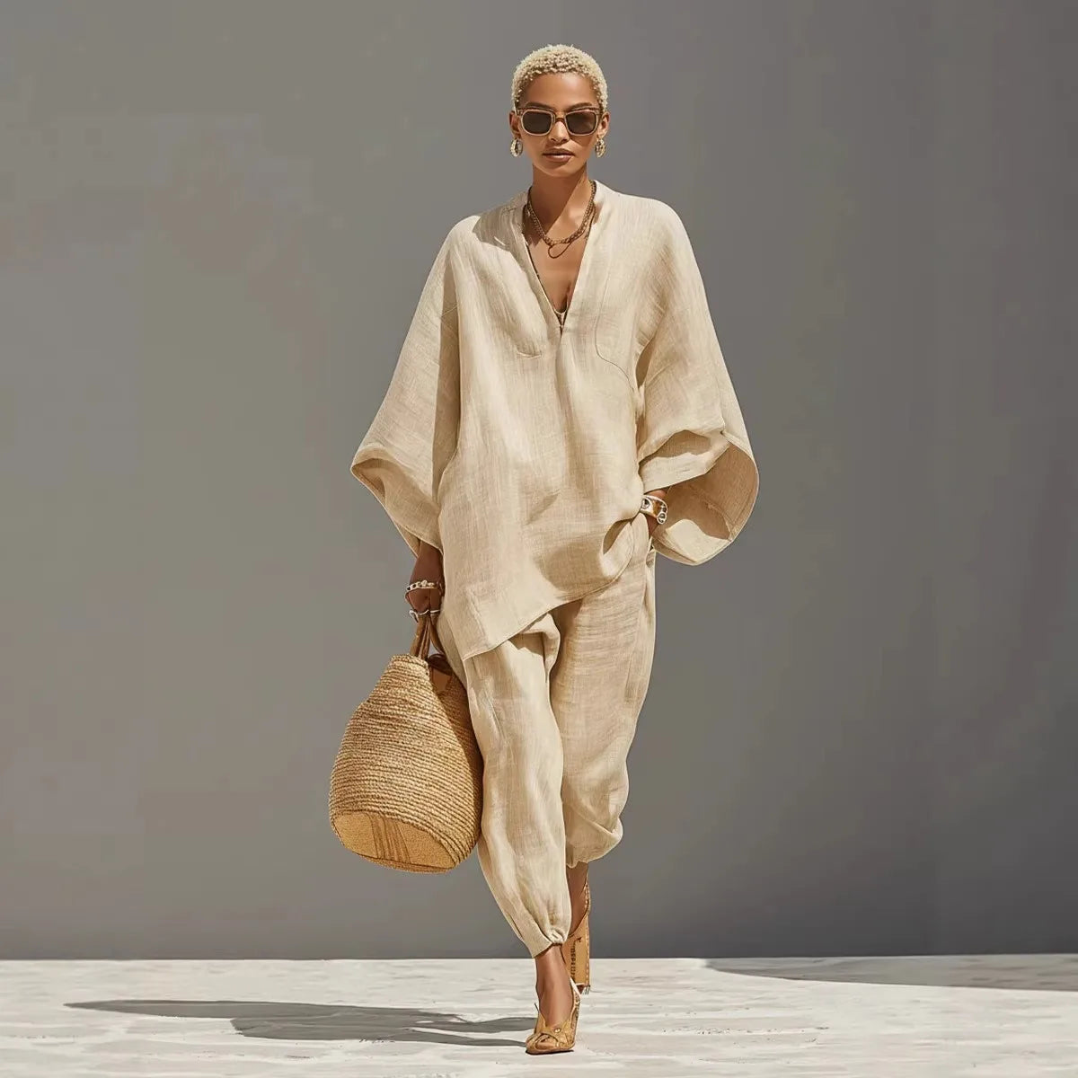 European and American Relaxation Solid Color V-neck Bat Sleeve Loose Top + Bow Leg Casual Pants Holiday Style Elegant Suit