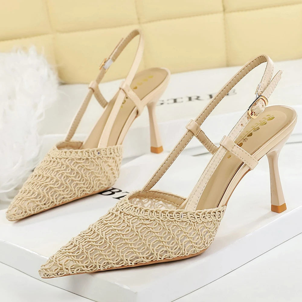 BIGTREE Shoes Woven Net High-heeled Sandals Women Shoes Summer Pointed High Heels Women Pumps Stiletto 8 CM Buckle Sandals Lady