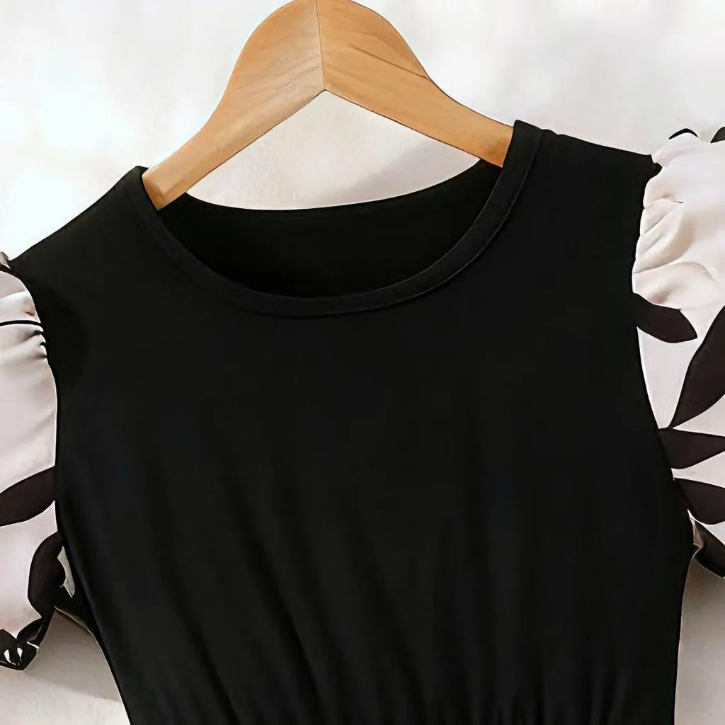 New Children Black Floral Dress Summer Short Sleeve Casual Vacation Kids Girl Dresses Cute Fashion Teen Dress 7 8 9 10 11 12 Yrs