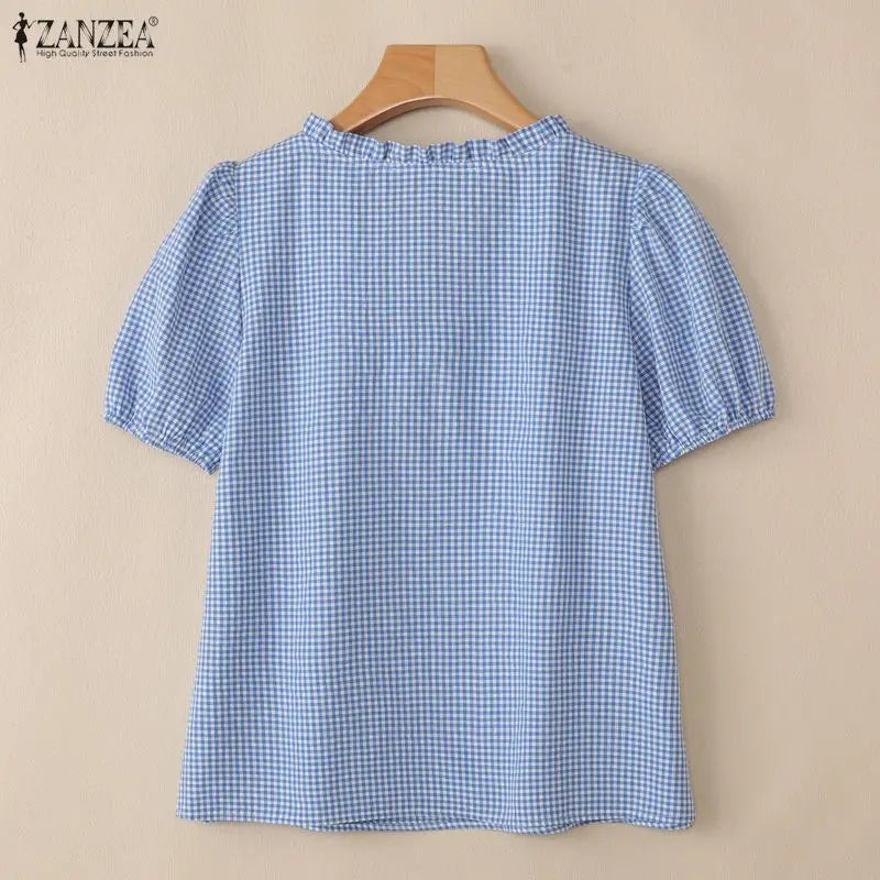 ZANZEA Woman Gingham Check Blouses Lace-Up Keyhole Ruffled Trim O-Neck Puff Short Sleeve Tops Summer Daily Casual Blusas Mujer