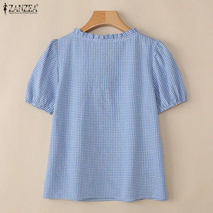 ZANZEA Woman Gingham Check Blouses Lace-Up Keyhole Ruffled Trim O-Neck Puff Short Sleeve Tops Summer Daily Casual Blusas Mujer