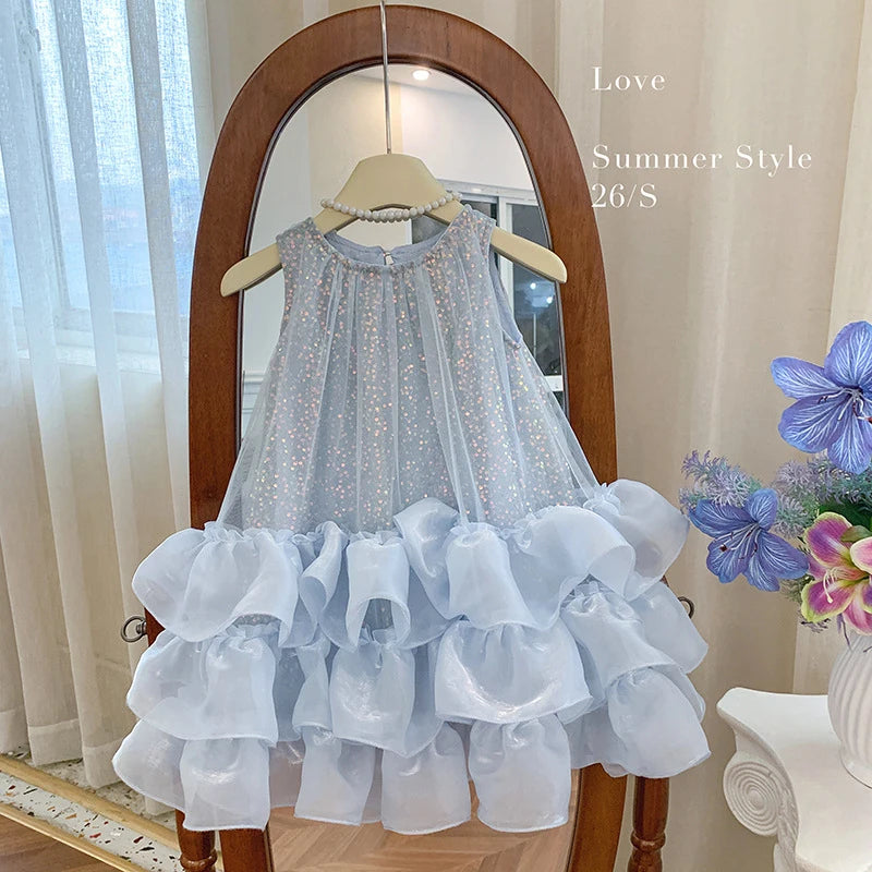 Girls' New Summer Luxury High-End Mesh Tank beautiful Dress