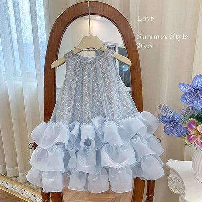 Girls' New Summer Luxury High-End Mesh Tank beautiful Dress