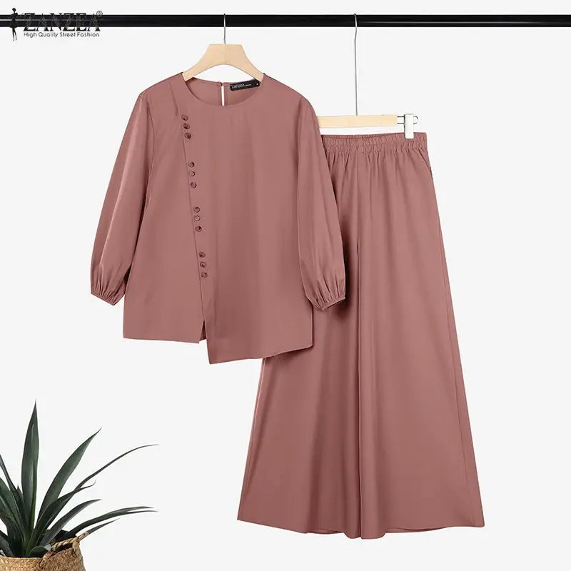 ZANZEA 2026 Summer Women Long Sleeve Irregular Blouse Wide Leg Pant Sets Muslim 2 Piece Sets Solid Color Work Outfits Tracksuit