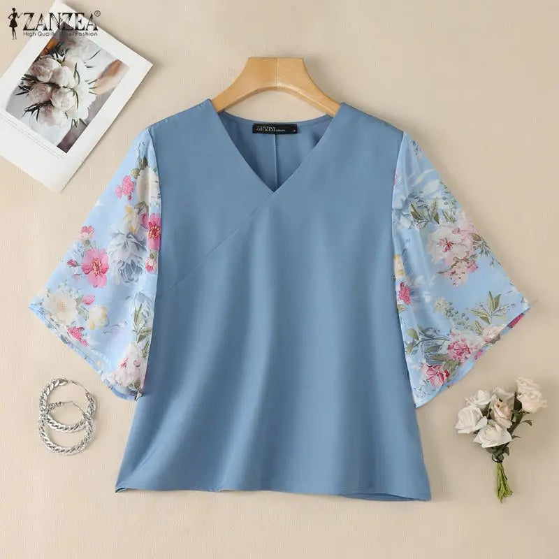 ZANZEA Woman Floral Print 3/4 Sleeve Blouses Elegant Patchwork V-Neck Pullover Tops 2026 Summer Daily Casual Blusas de Mujer