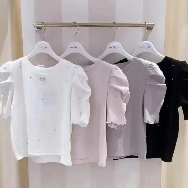 Japanese Style Sweet Lady Crew Neck Tees Bubble Short Sleeve T-shirts Versatile Slim Fit Women's Tops Spring and Summer