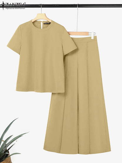 ZANZEA Summer Pant Sets Office Women 2 Pieces Set Elegant Short Sleeve Blouse Wide Leg Trousers Suit Fashion 2PCS Work OL Outfit
