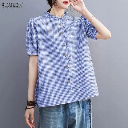 ZANZEA Woman Summer 2026 Gingham Shirts Elegant Ruffled Collar Short Puff Sleeves Button Up Checked Tops Women's Clothes S-3XL