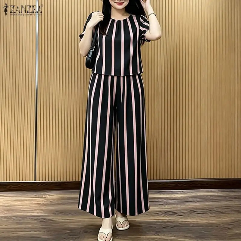 ZANZEA Women's Casual Striped 2-Piece Pant Sets Short Sleeve Loose Blouse & Wide Leg Trousers Suits Stylish Everyday Work Outfit