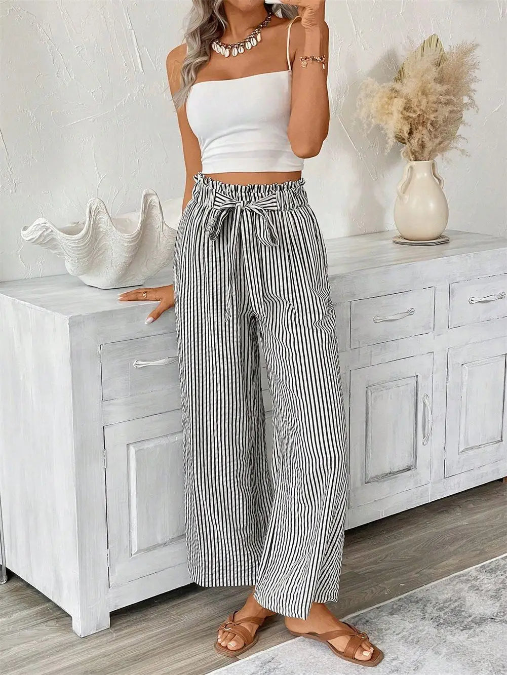 Spring Summer New High Waist Straight Leg Pants Women, European Stripe Wide Leg Trousers, Office Casual Paper Bag Pants, Loose F