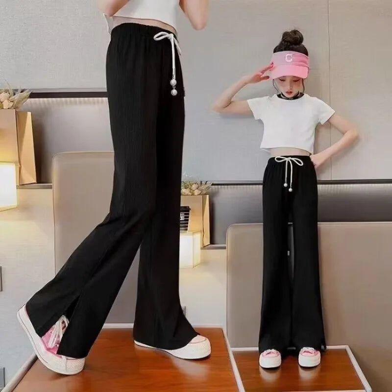 Trendy Ice Silk Girls' Flare Pants 5-12 Years Lightweight Casual Long Pants for Kids Versatile Stylish