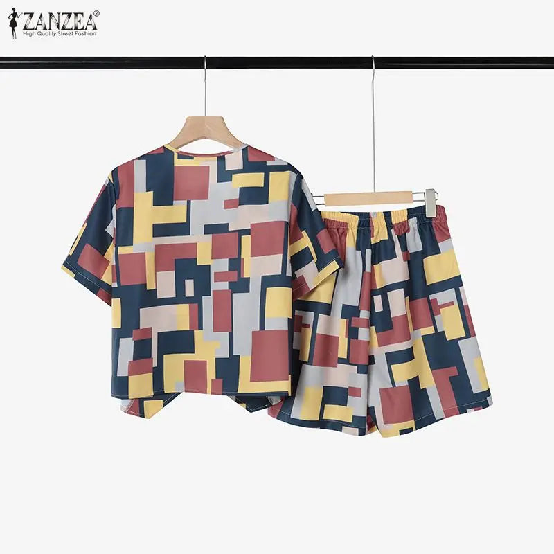 Fashion Summer 2 Pieces Sets 2026 ZANZEA Printed Tracksuit Women V Neck Short Sleeve Blouse Short Sets Casual Holiday Outfits