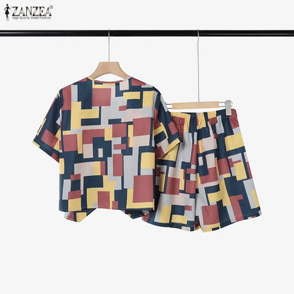 Fashion Summer 2 Pieces Sets 2026 ZANZEA Printed Tracksuit Women V Neck Short Sleeve Blouse Short Sets Casual Holiday Outfits