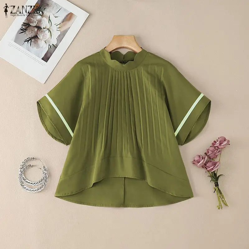 ZANZEA Women's Pleated Scalloped Mock Neck Blouses, Fashion High-Low Hem Tops with Contrast Trim Bell Sleeves, Woman Clothes