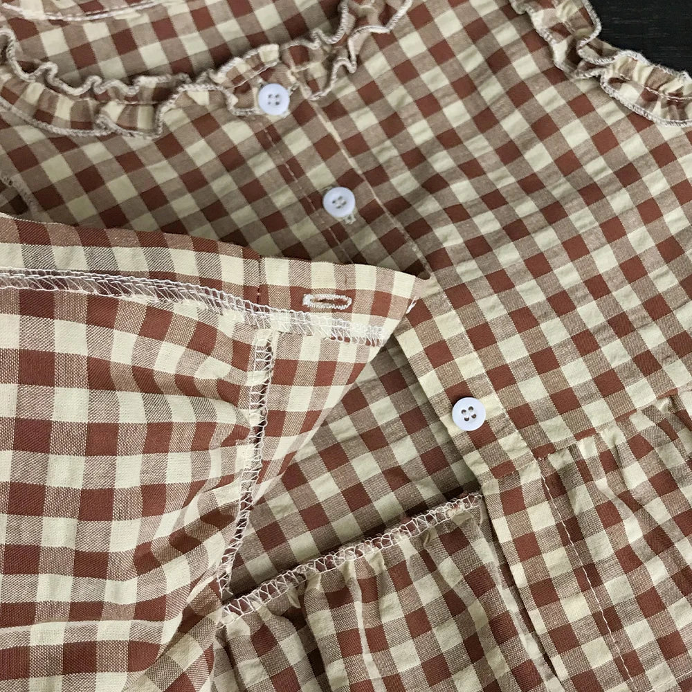 Korean Version 2-10 Year Old Girls and Teenagers Casual Suit with Checkered Lace Single Breasted Top and Pants Two-piece Set