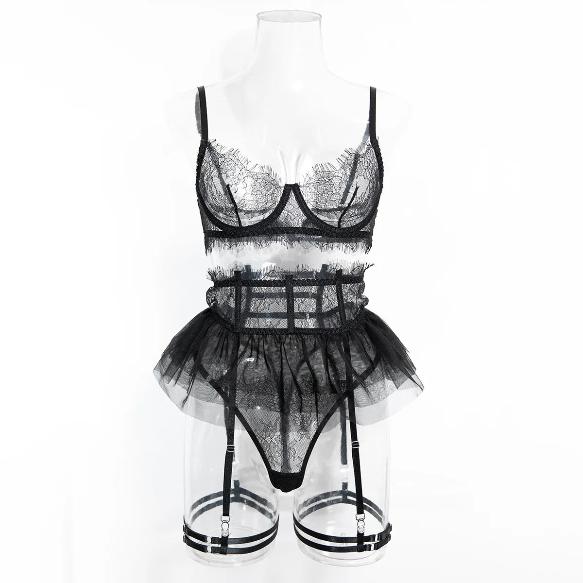 Women's 4Pcs Sexy Lingerie Set Sheer Eyelash Lace Bra Tulle Garter Skirt Thigh Strap Thong Boudoir Soft Intimate Underwear